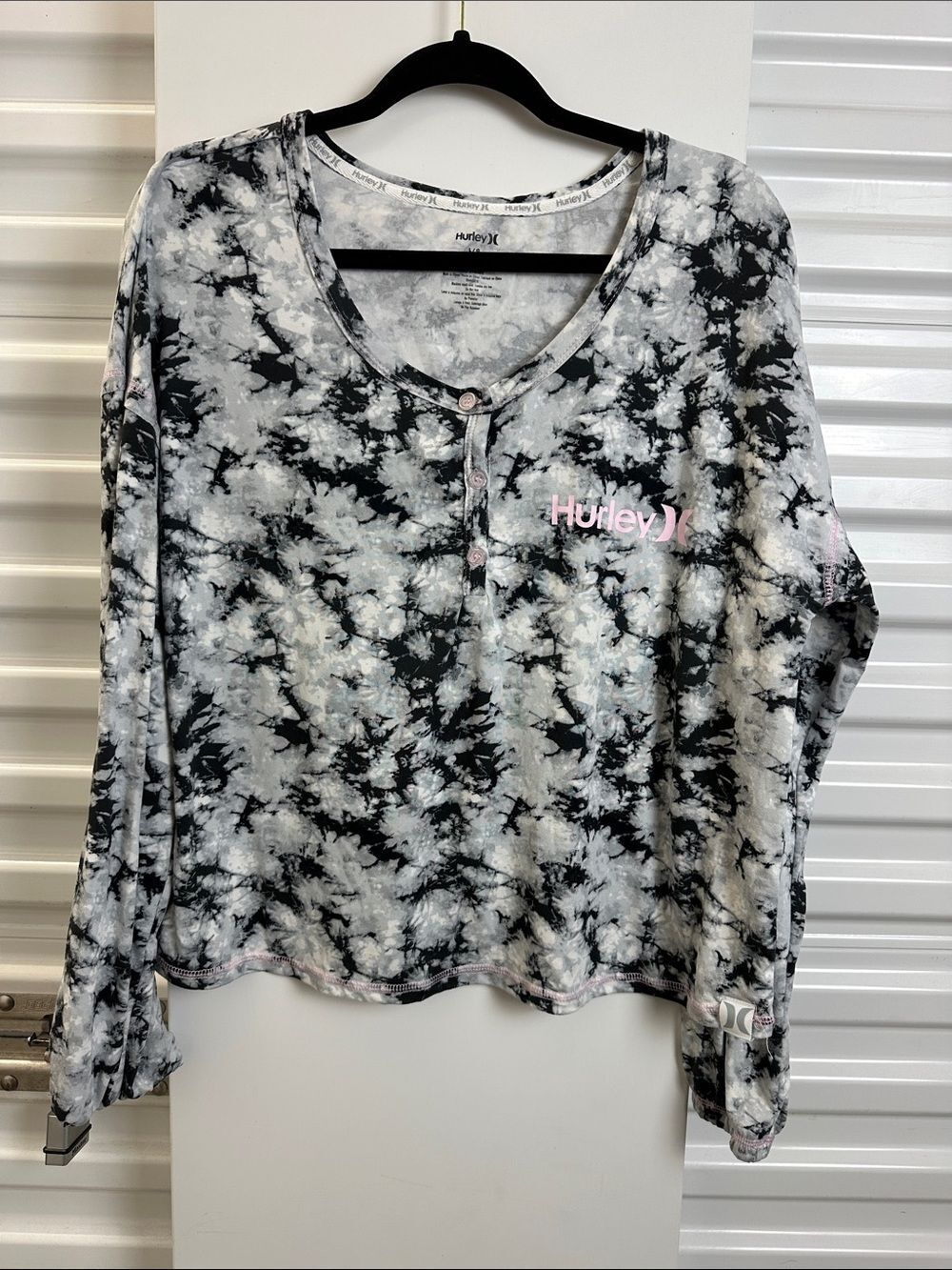 Hurley Black & White Tie-Dye Long Sleeve Henley with Pink Logo